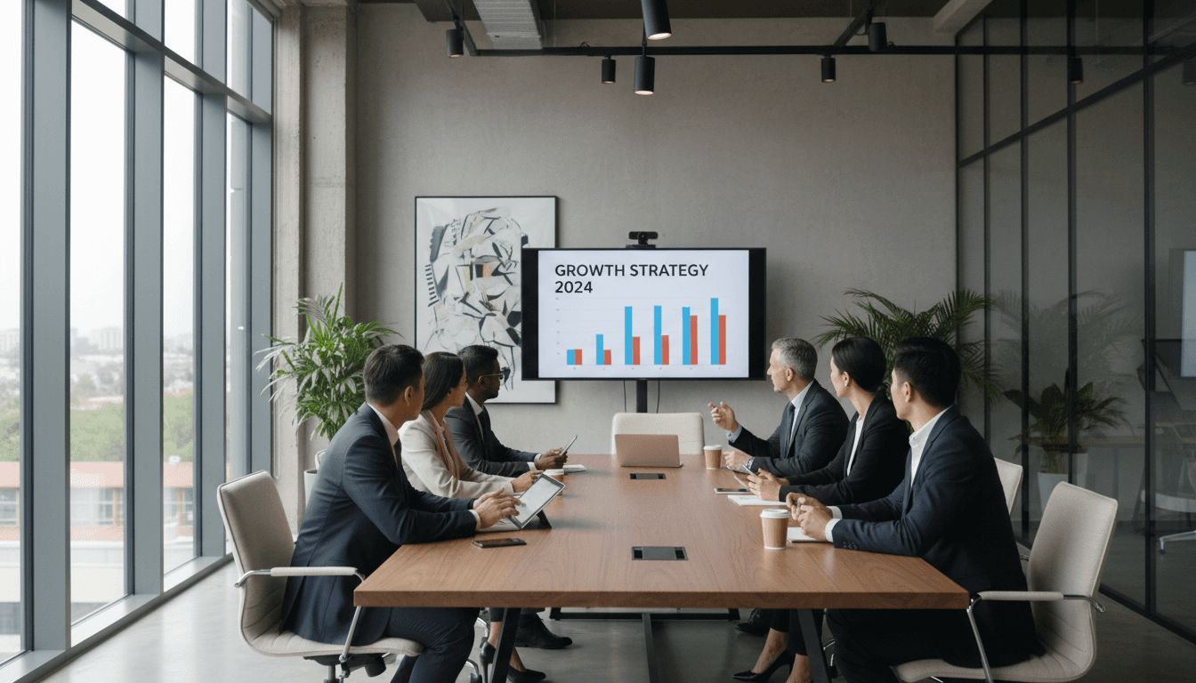 Professional business meeting with team members collaborating in modern office