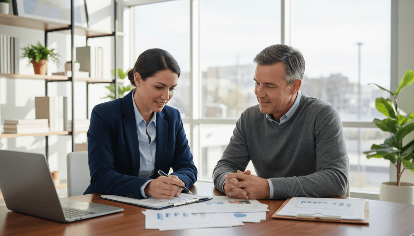Insurance advisor discussing coverage options with client in bright professional office