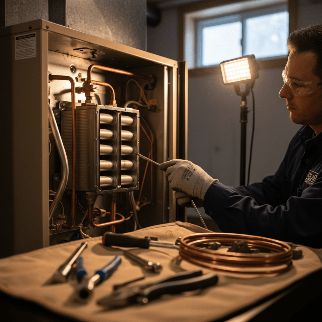 Professional contractor reviewing mechanical system plans at a residential job site